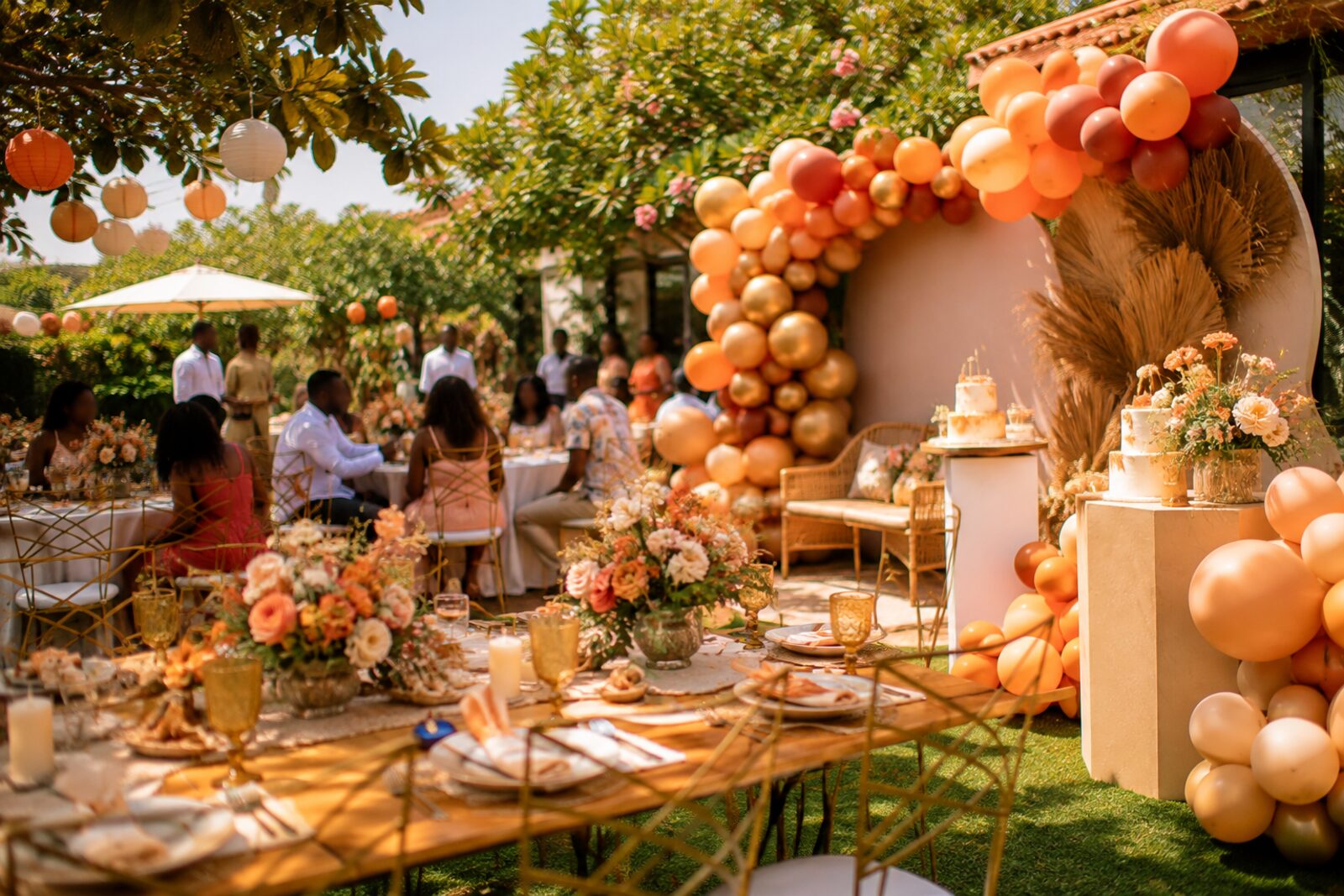An outdoor birthday celebration with balloons and flowers