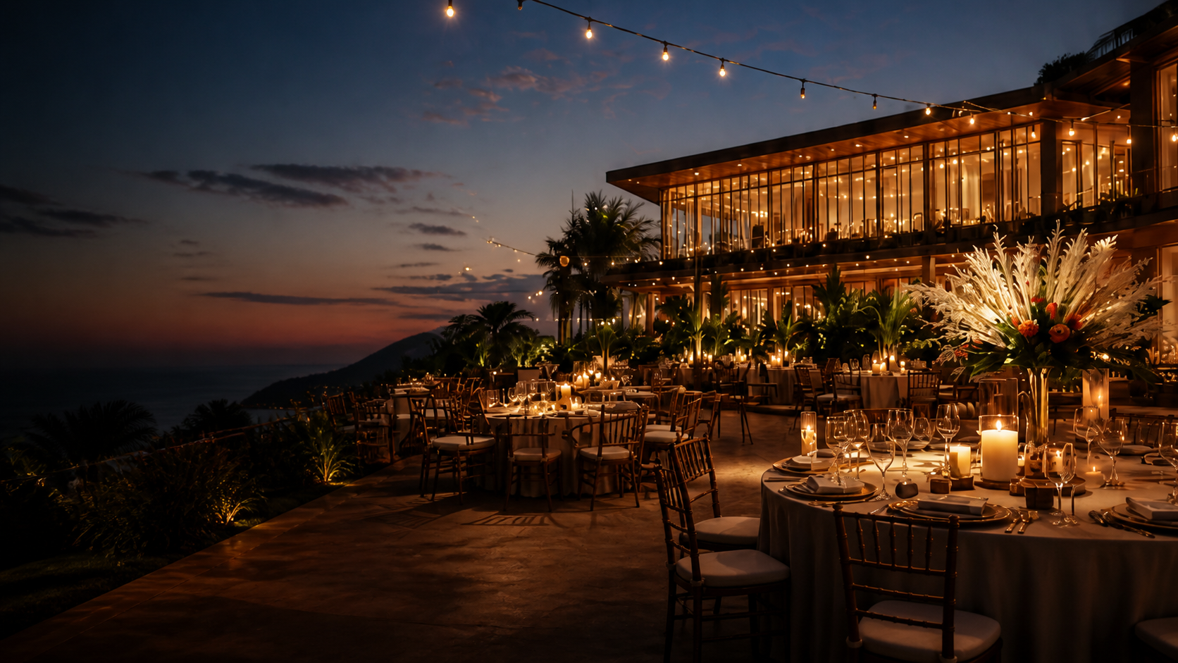 An elegant evening event set outside a modern glass venue