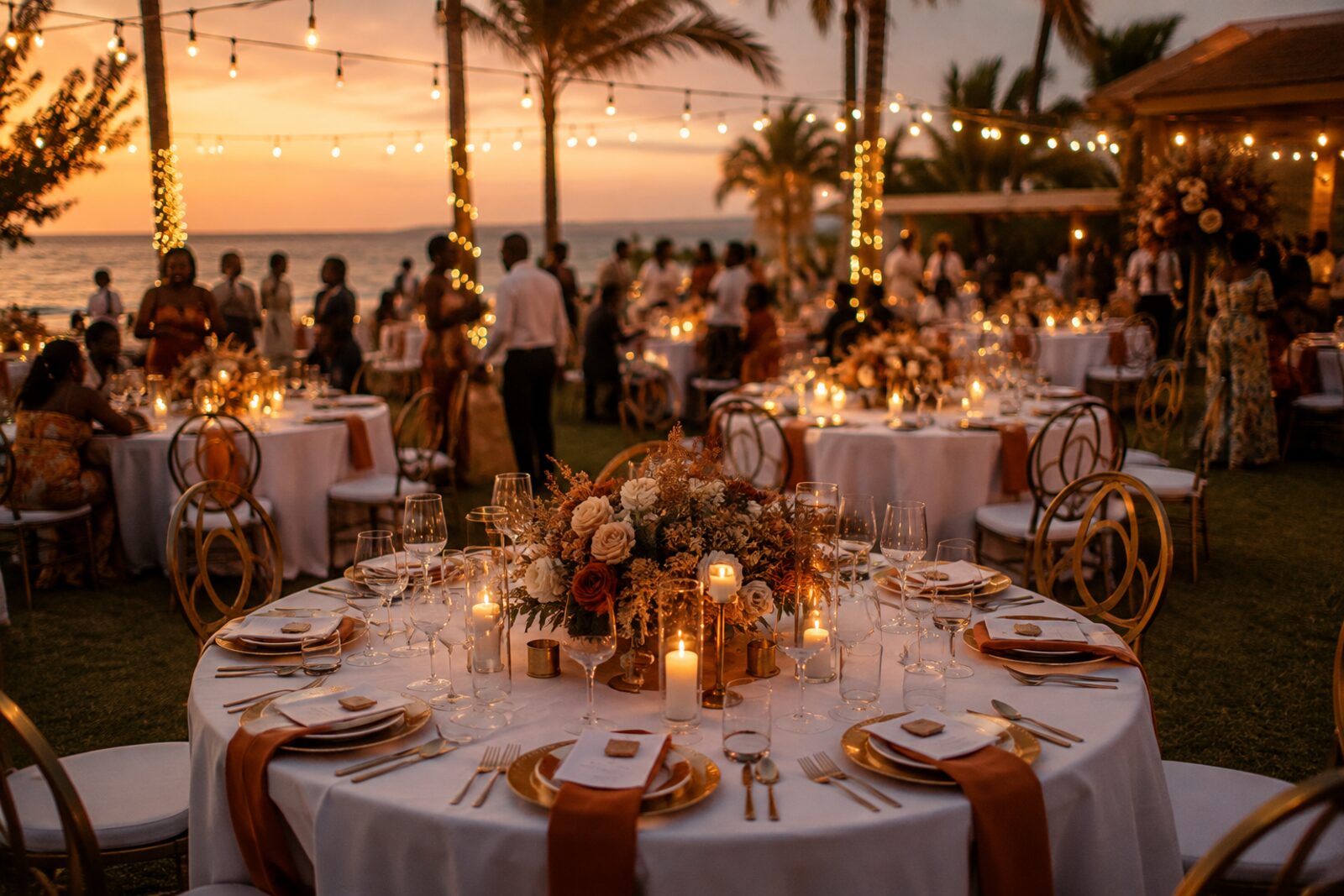 A wedding reception at sunset, string lights over guest tables